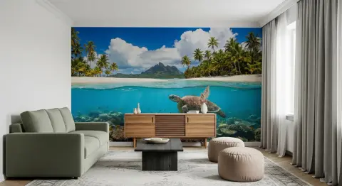 Tropical Island Beach and Sea Turtle Wall Mural