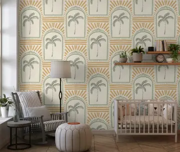 Bohemian Palm Archway Pattern Wallpaper in Sage Green and Ochre