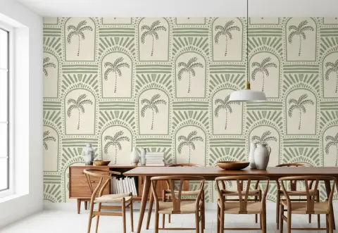 Modern Tropical Palm Archways Wallpaper in Sage Green