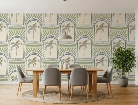 Tropical Palm Arch Geometric Pattern Wallpaper