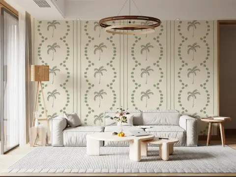 Sage Green Palm Tree and Stripe Pattern Wallpaper