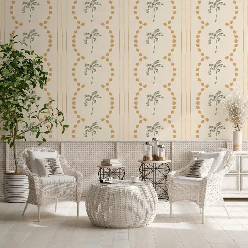 Tropical Palm Deco Stripes Sand Wallpaper
