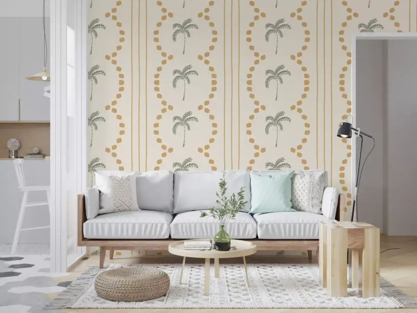 Tropical Palm Deco Stripes Sand Wallpaper