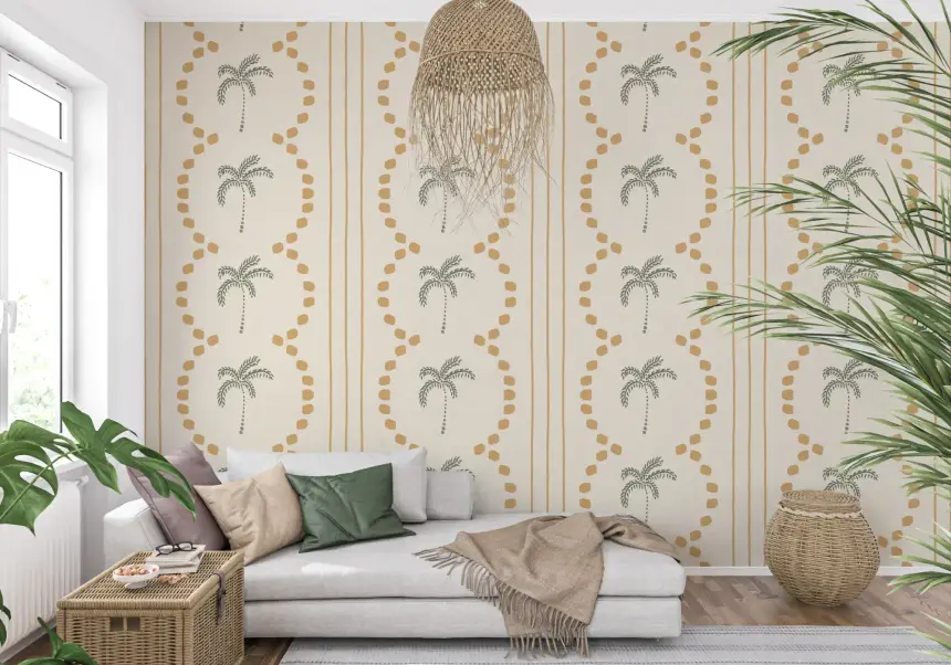 Tropical Palm Deco Stripes Sand Wallpaper