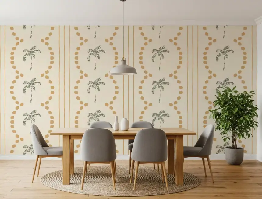 Tropical Palm Deco Stripes Sand Wallpaper