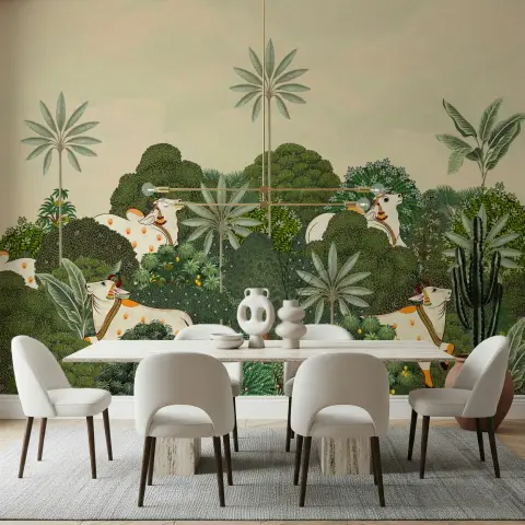 Pichwai Sacred Cow and Tropical Forest Wall Mural