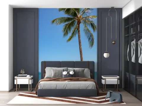 Vast Blue Sky Palm Tree Seascape Wallpaper