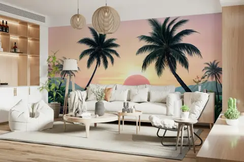 Vibrant Tropical Sunset Wall Mural with Palm Trees