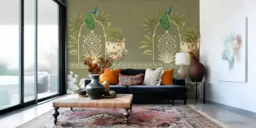 Sacred Kamdhenu Cow and Peacock Pichwai Wall Mural