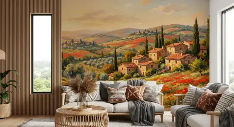 Tuscan Countryside Poppy Fields Wall Mural
