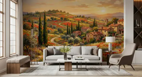 Tuscan Poppy Village Sunset Wall Mural