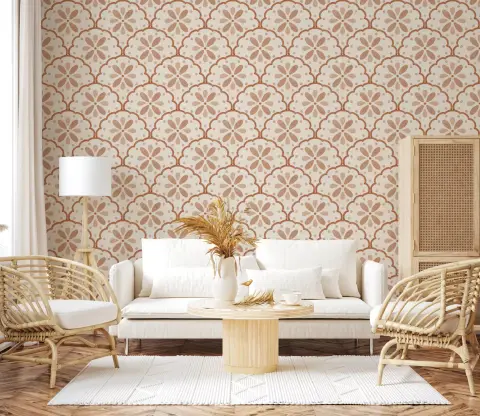 Terracotta Scallop Floral Pattern Wallpaper