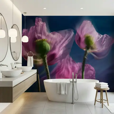 Ethereal Pink Poppy Floral Wall Mural on Deep Blue