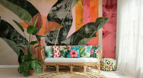 Textured Tropical Foliage with Sunset Stripe Wallpaper Mural