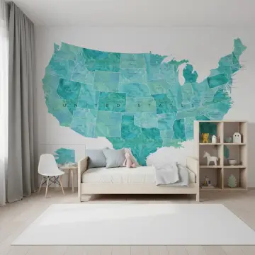 Teal Watercolor USA Map Wall Mural for Kids