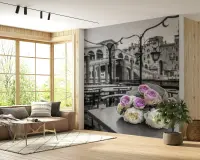 Venetian Cafe Scene with Colourful Roses Wall Mural