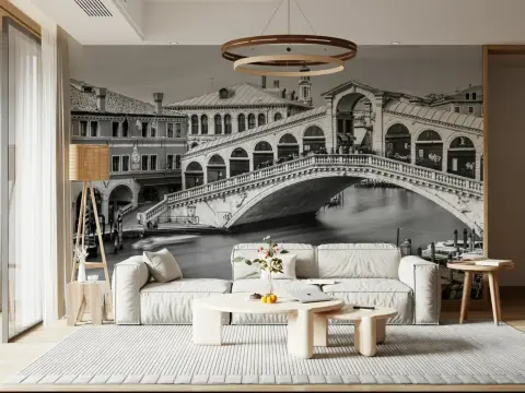 Venetian Rialto Bridge Black and White Cityscape Wall Mural