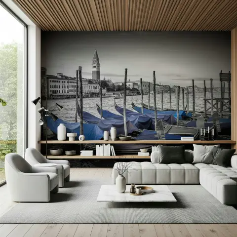 Venice Grand Canal Monochrome Wall Mural with Blue Gondolas