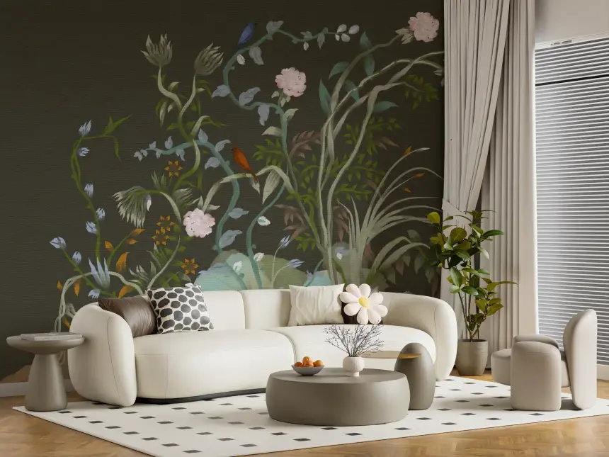 Verdant Vines & Garden Birds Chinoiserie Botanical Landscape Moody Wall Mural