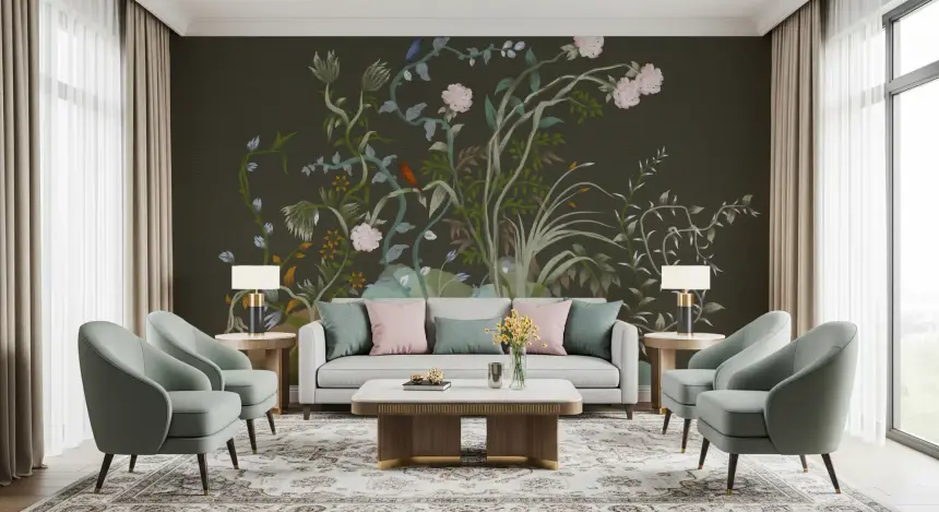 Verdant Vines & Garden Birds Chinoiserie Botanical Landscape Moody Wall Mural
