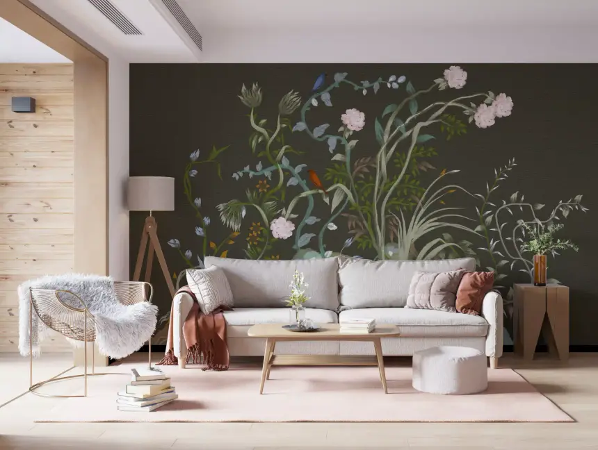 Verdant Vines & Garden Birds Chinoiserie Botanical Landscape Moody Wall Mural