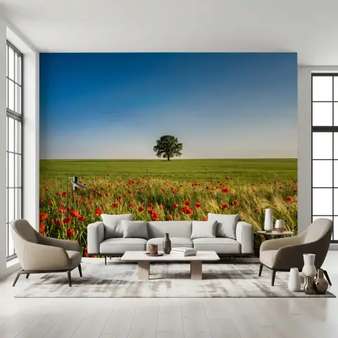 Vibrant Poppy Field Landscape Wall Mural