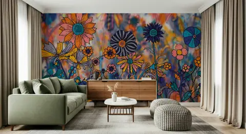 Pop Art Bloom Field Vibrant Outline Wallpaper Mural