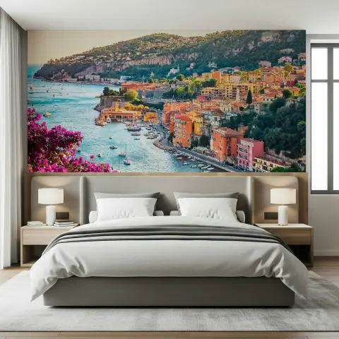 Sunlit Riviera Hillside Harbor Town Wall Mural