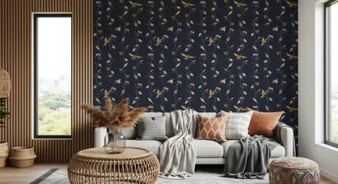 Midnight Botanical Birds and Vines Wallpaper