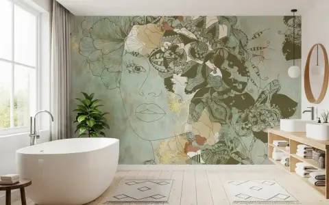 Textured Teal Floral Woman Portrait Wall Mural