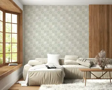 Sage Green and Beige Vintage Folk Tile Pattern Wallpaper