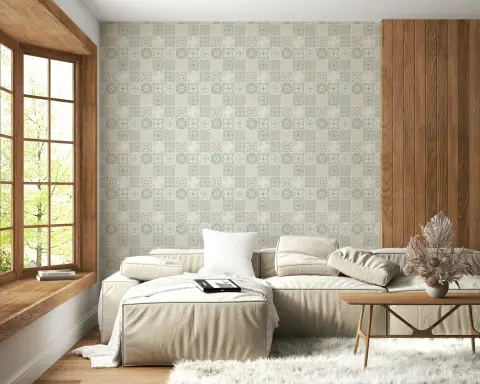 Sage Green and Beige Vintage Folk Tile Pattern Wallpaper