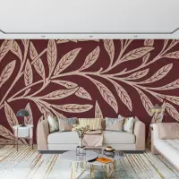 Elegant Maroon Botanical Leaf Pattern Wallpaper