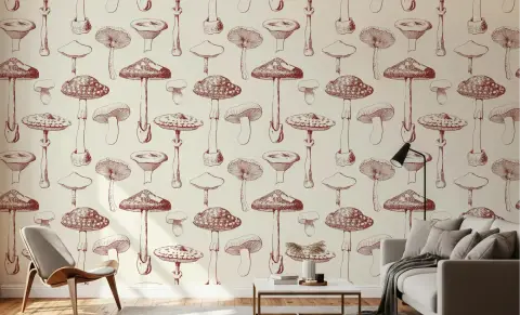 Vintage Maroon Fungi Sketch Pattern Wallpaper