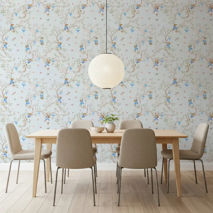 Vintage Rococo Chinoiserie Asian Lanterns with Monkeys and Sakura Flowers Blue Wallpaper