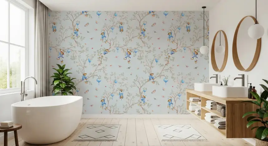 Vintage Rococo Chinoiserie Asian Lanterns with Monkeys and Sakura Flowers Blue Wallpaper
