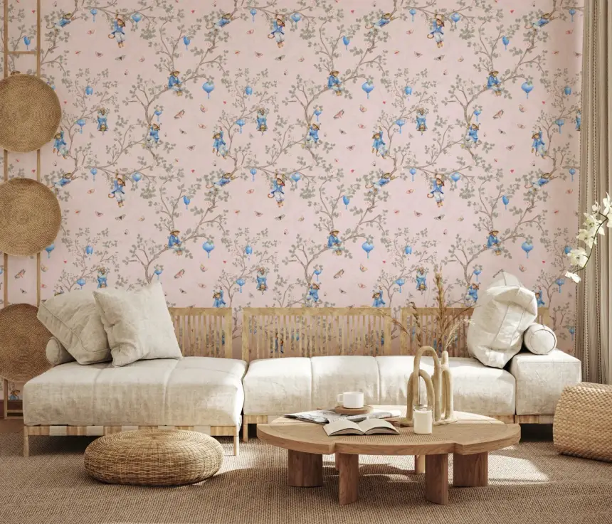 Vintage Rococo Chinoiserie Asian Lanterns with Monkeys and Sakura Flowers Pink Wallpaper
