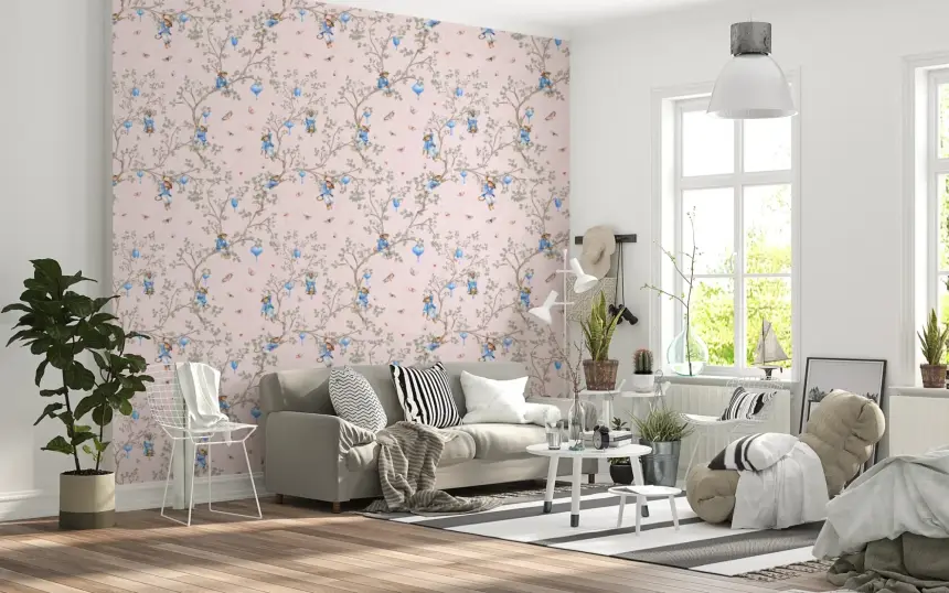 Vintage Rococo Chinoiserie Asian Lanterns with Monkeys and Sakura Flowers Pink Wallpaper