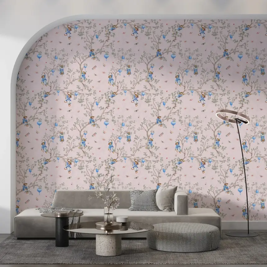 Vintage Rococo Chinoiserie Asian Lanterns with Monkeys and Sakura Flowers Pink Wallpaper