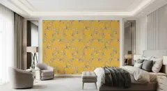Vibrant Chinoiserie Monkey and Lantern Yellow Wallpaper