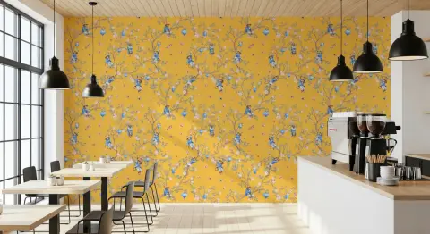 Vibrant Chinoiserie Monkey and Lantern Yellow Wallpaper
