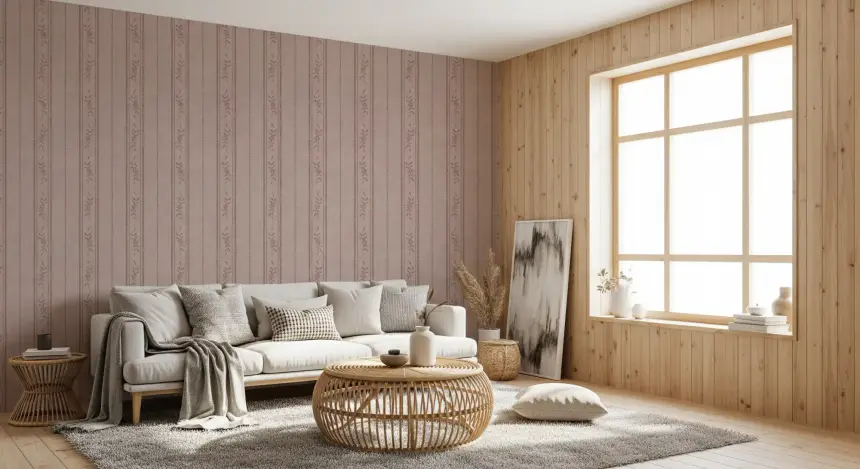 Vintage Ticking Stripe Vertical Linen with Floral Decor Dusty Rose Wallpaper