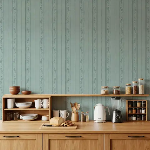 Elegant Teal Floral Vertical Stripe Wallpaper
