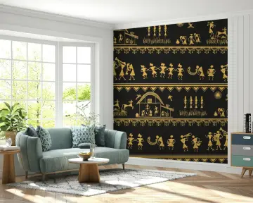 Golden Warli Tribal Village Life Wall Mural