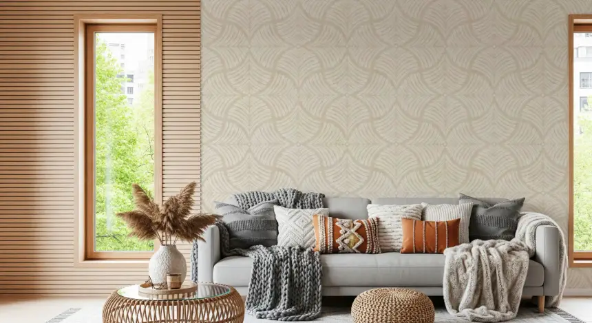 Warm Cream Textured Scallops Fan Japandi Minimalist Wallpaper