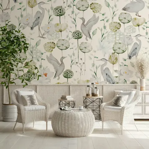 Graceful Waterfowl and Lotus Pond Wall Mural
