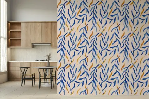 Watercolor Blue Gold Leaf Botanical Wallpaper
