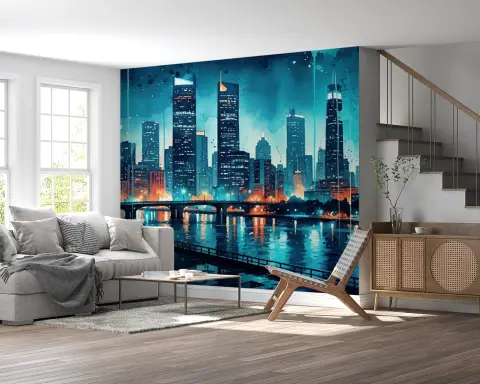 Vibrant Cityscape Watercolor Wall Mural