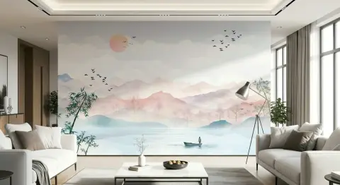 Serene Watercolor Mountain Landscape Wall Mural