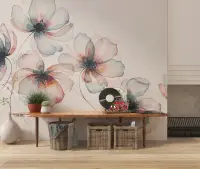 Blush Teal Translucent Poppies Watercolor Wallpaper